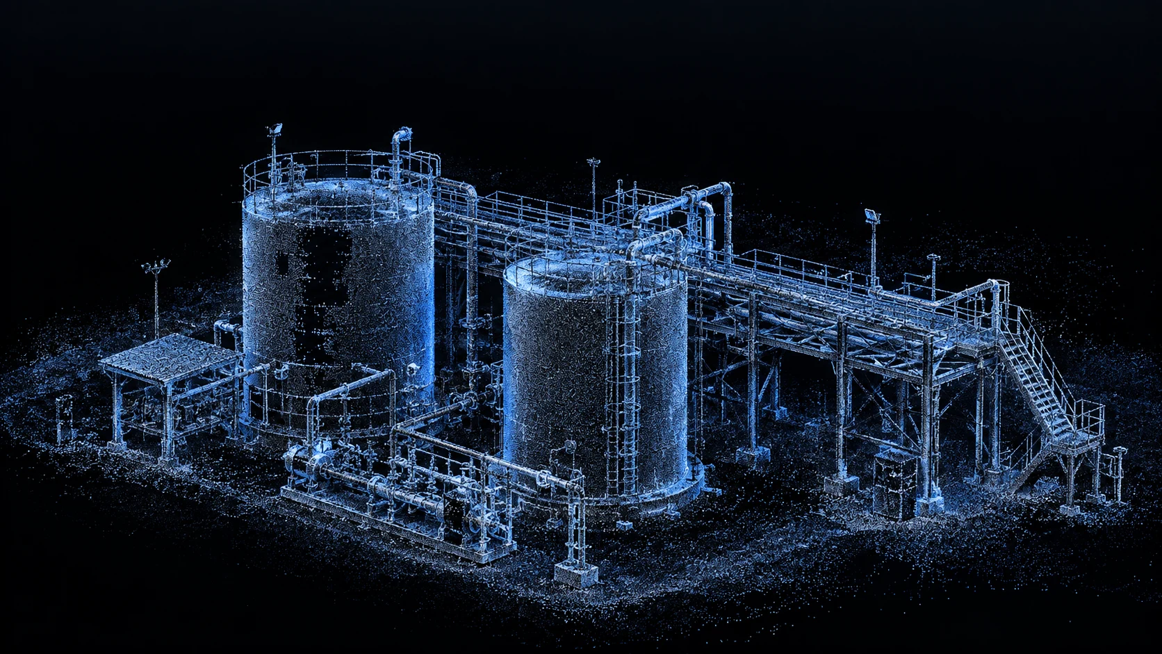 Estructuras y piping en nube de puntos conceptual; ilustración referencial generada con IA