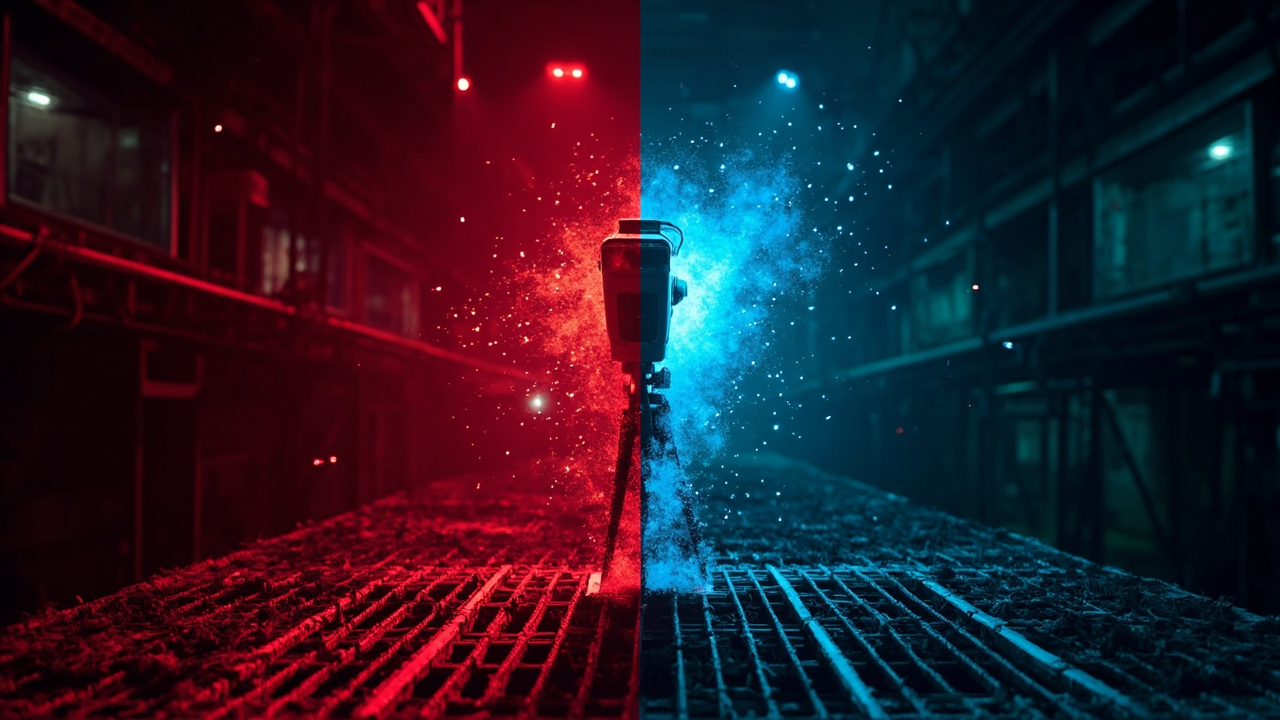 Contraste entre escaneo 3D con errores y escaneo correcto en planta industrial